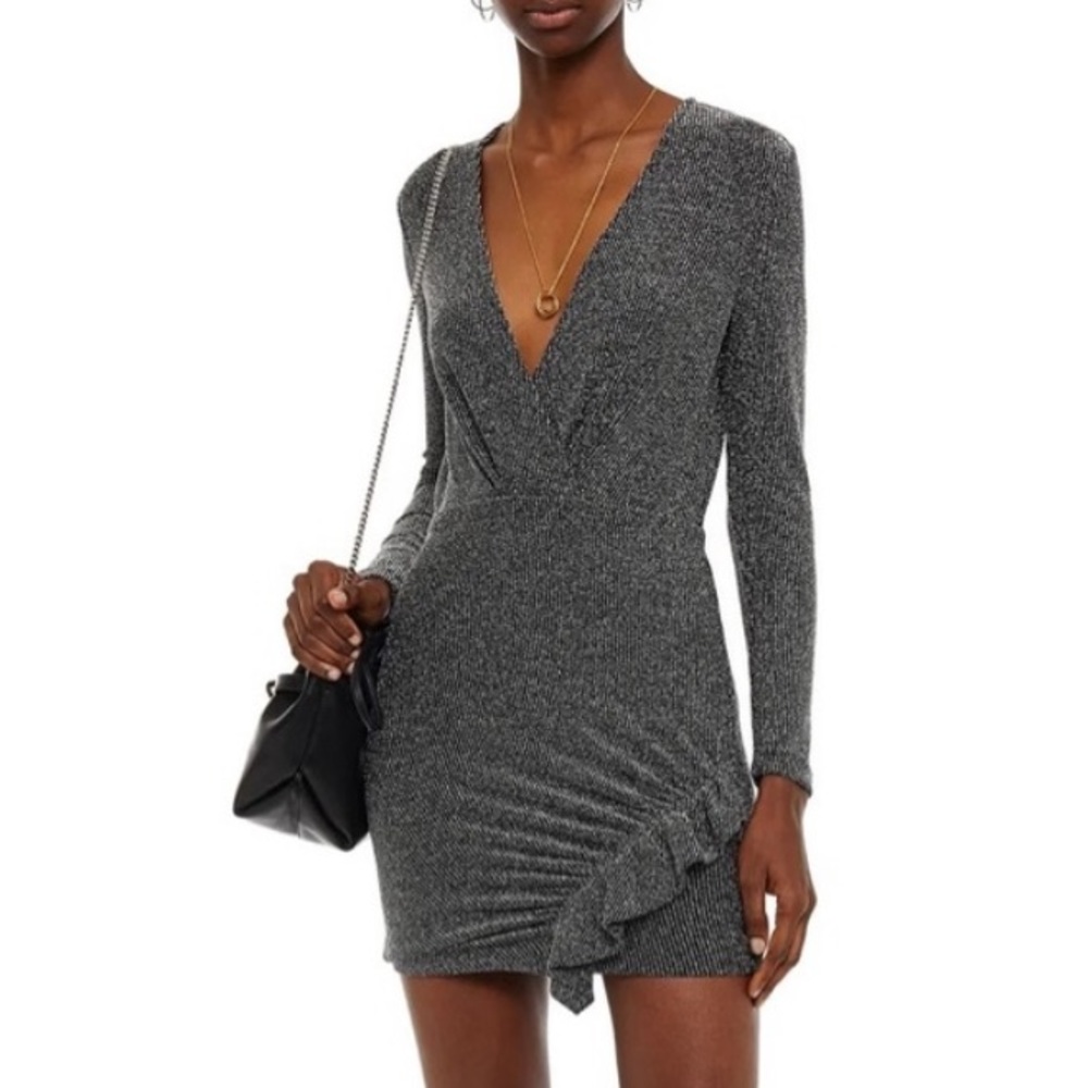 Noize Ruffled Wrap-effect Metallic Ribbed-knit Mini Dress - Picture 3 of 11
